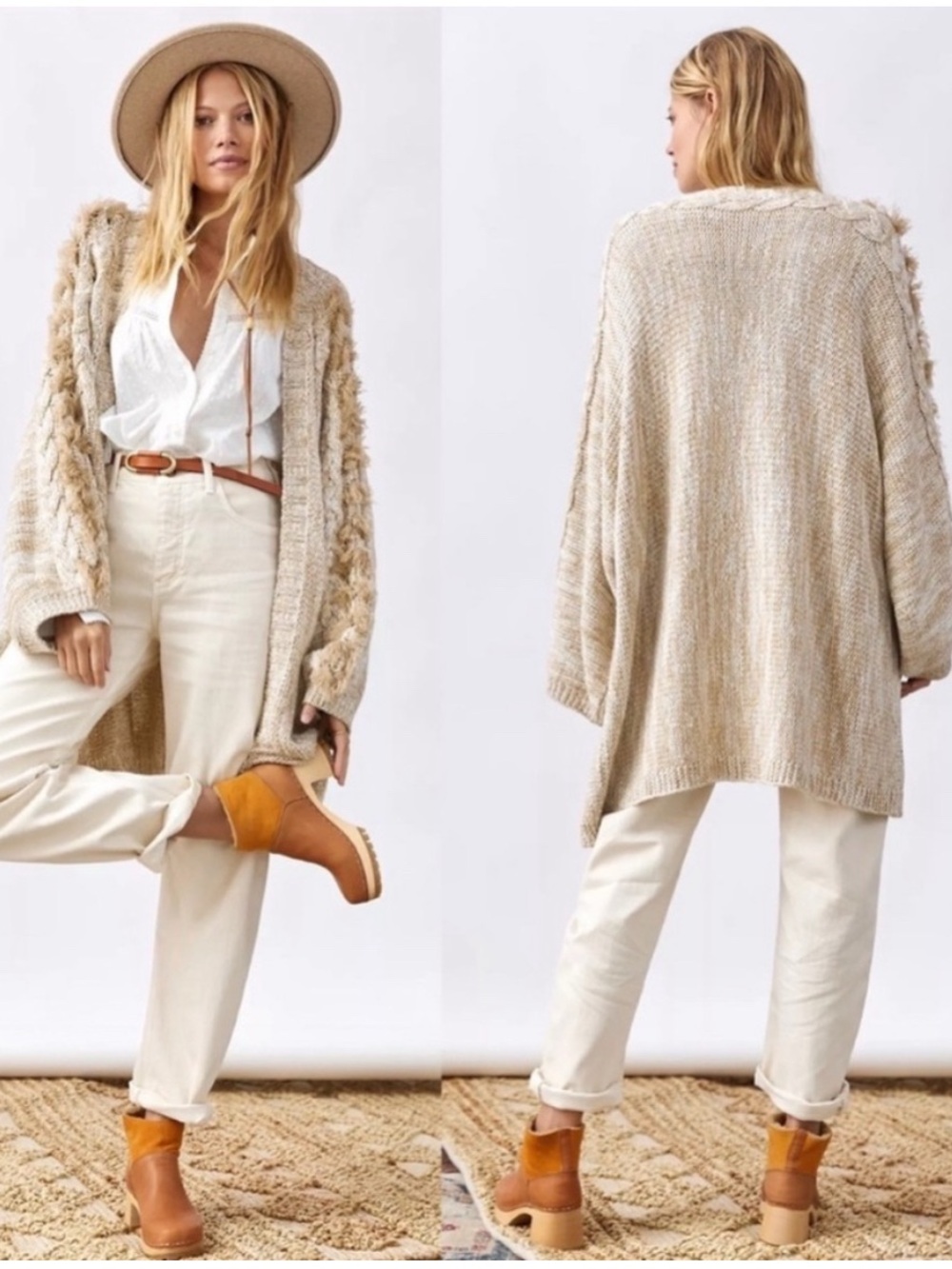 Anthropologie Cozy Open-Front Beige Chunky Knit Cardigan Sweater